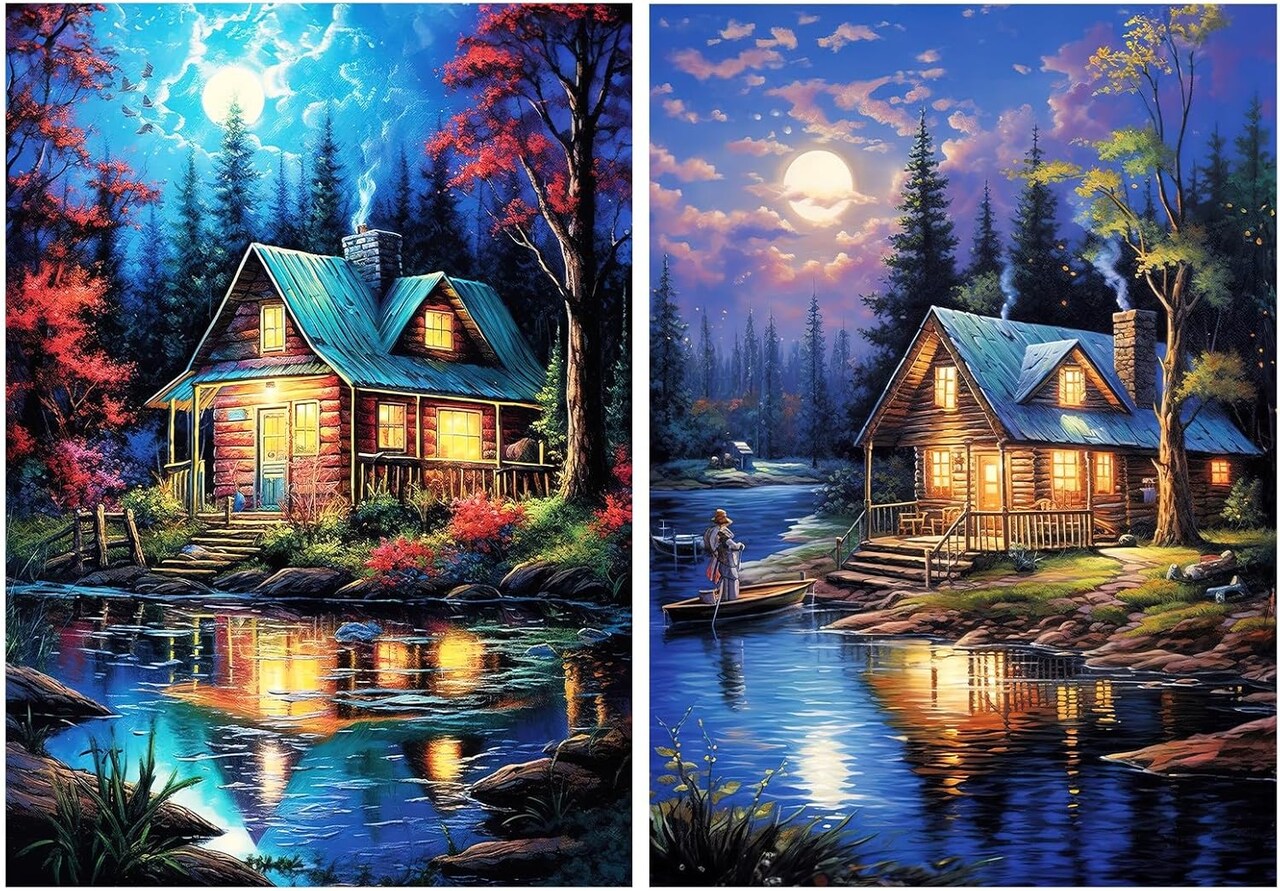 2 Pack Log Cabin Diamond Painting Kits for Adults, Lake Cabin 5D Diamond Art Kits for Adults, DIY Scenery House Full Drill Gem Art Painting Kit for Home Wall Decor